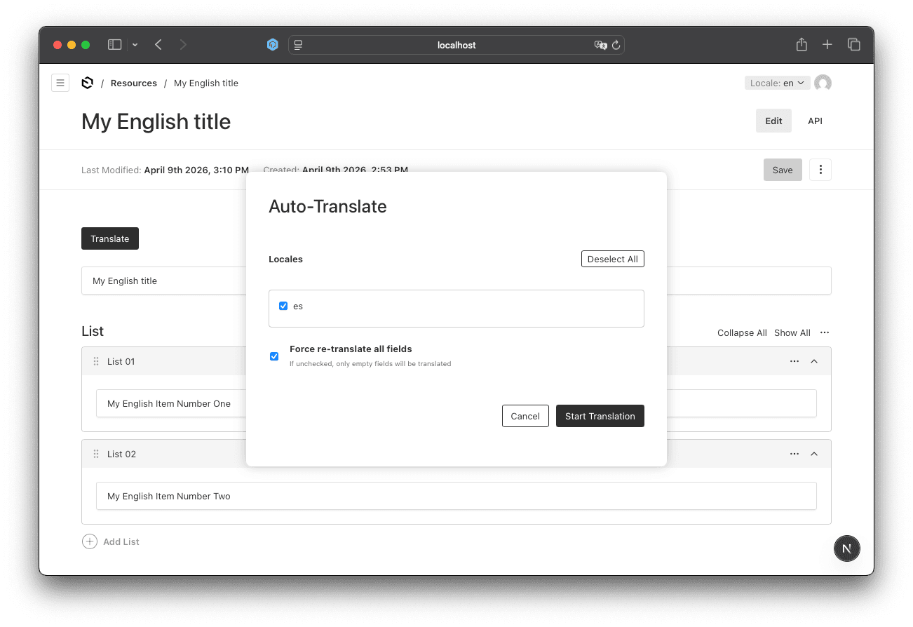 Screenshot demonstrating the solution - modal with buttons triggering auto-translate job