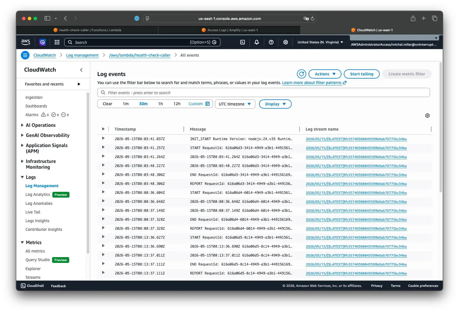 Screenshot demonstrating Lambda logs