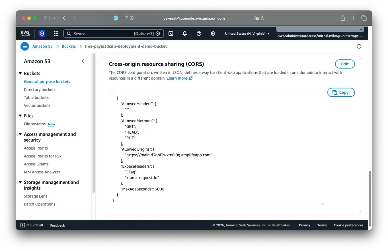 Screenshot demonstrating AWS S3 CORS configuration