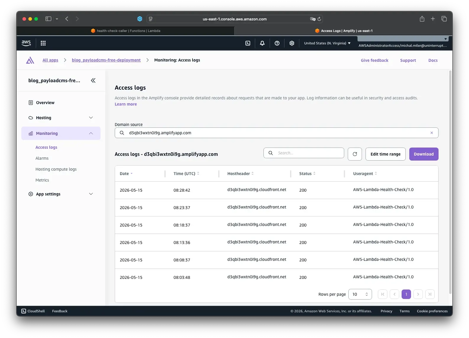 Screenshot demonstrating Amplify hosting logs