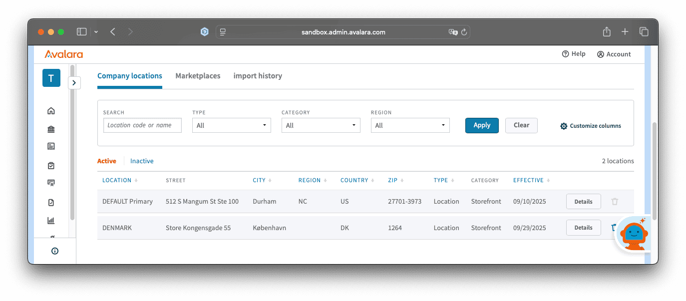 Avalara Configuration - Company Locations
