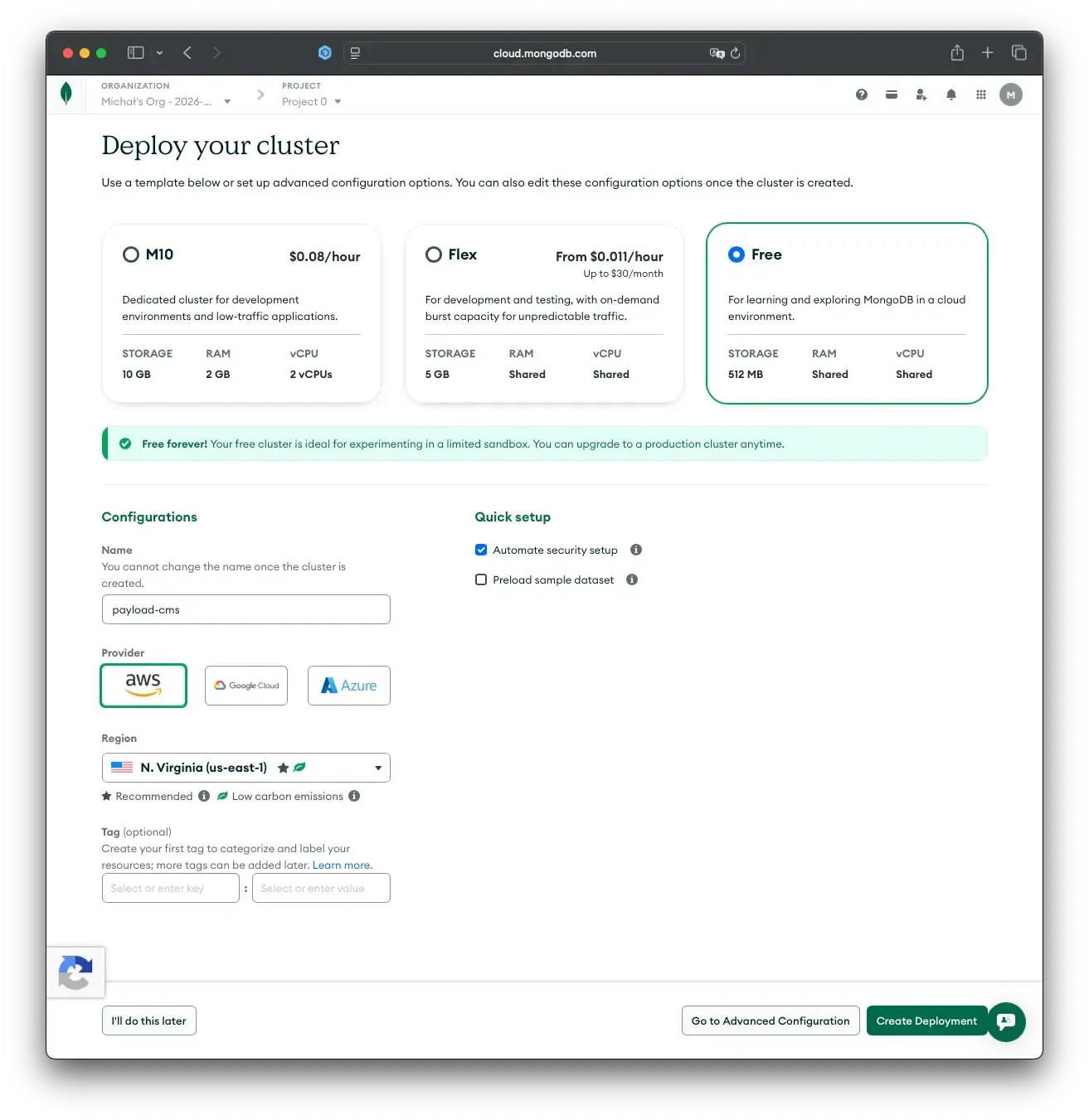 Screenshot demonstrating MongoDB cluster configuration