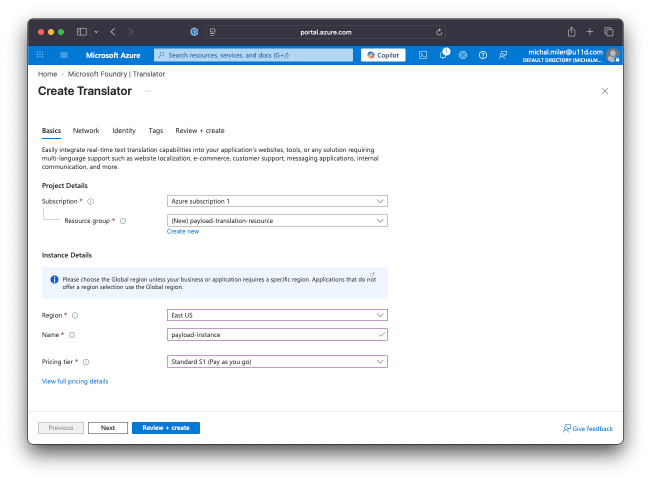 Screenshot demonstrating translator form in Azure