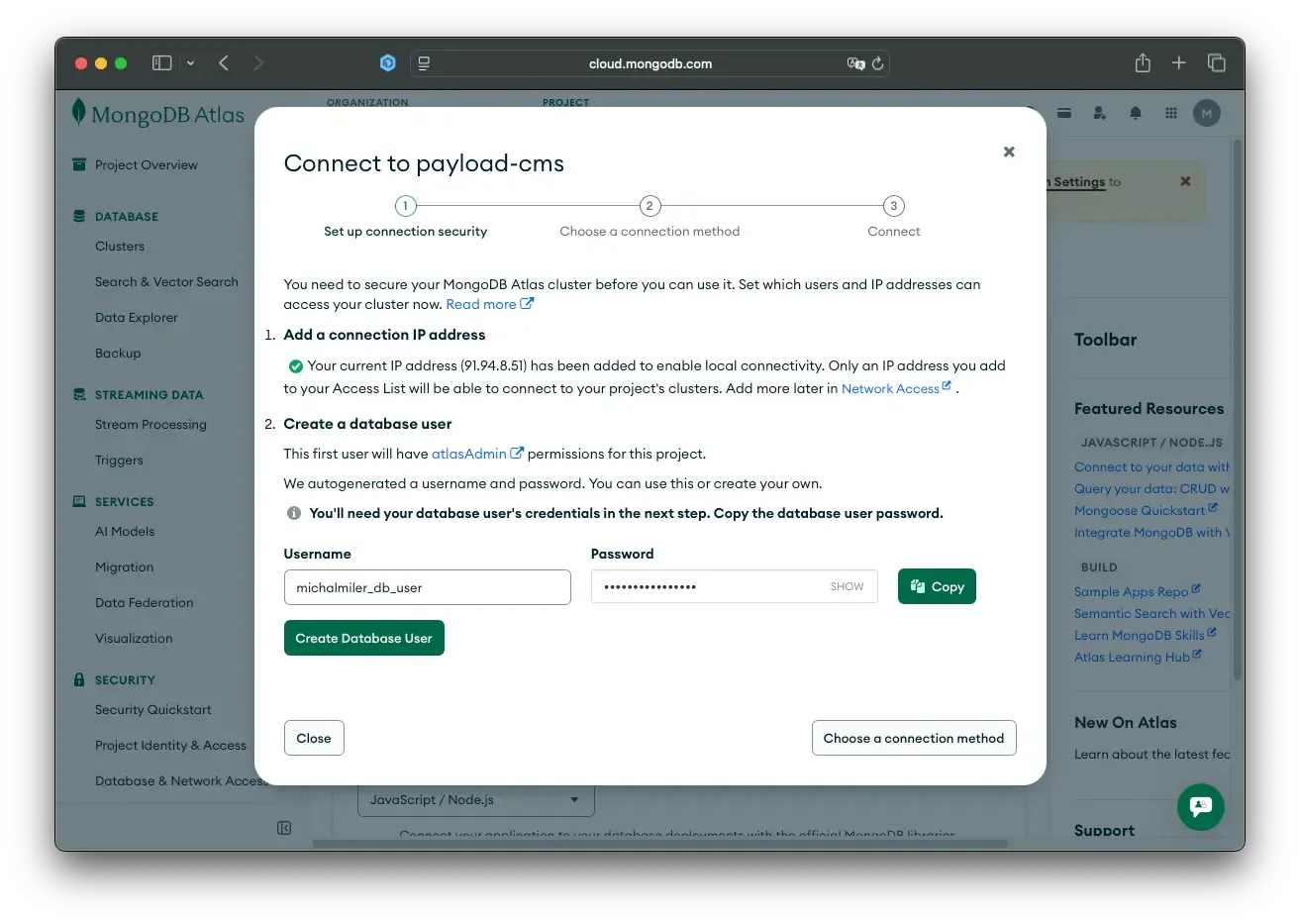 Screenshot demonstrating MongoDB database creation