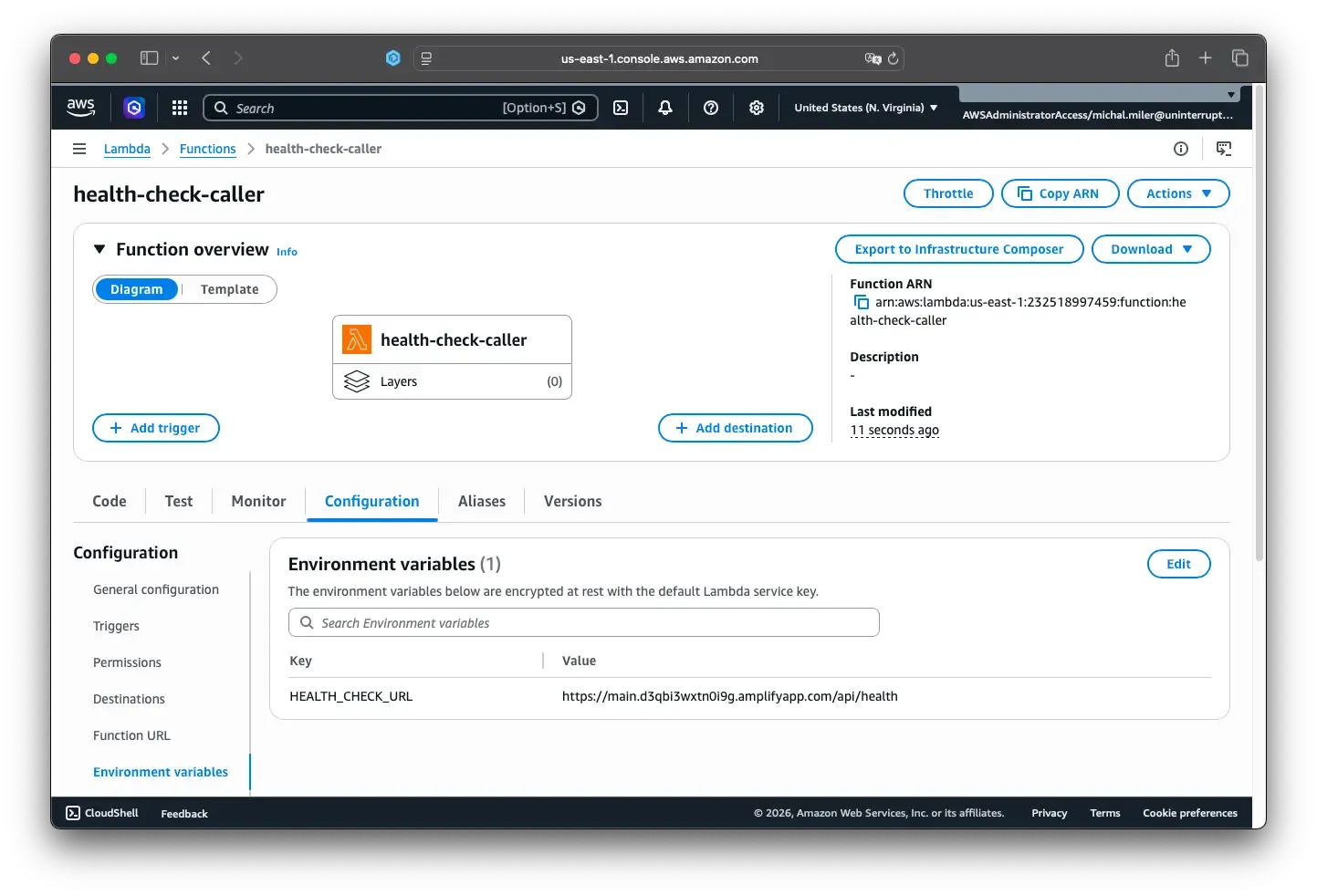 Screenshot demonstrating Lambda environment variables config