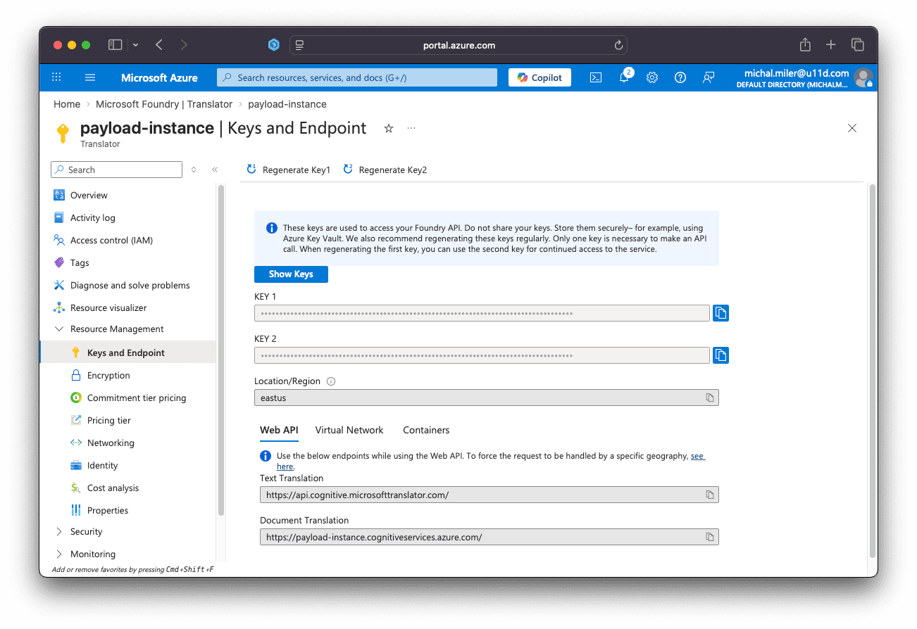Screenshot demonstrating Azure Translator keys page