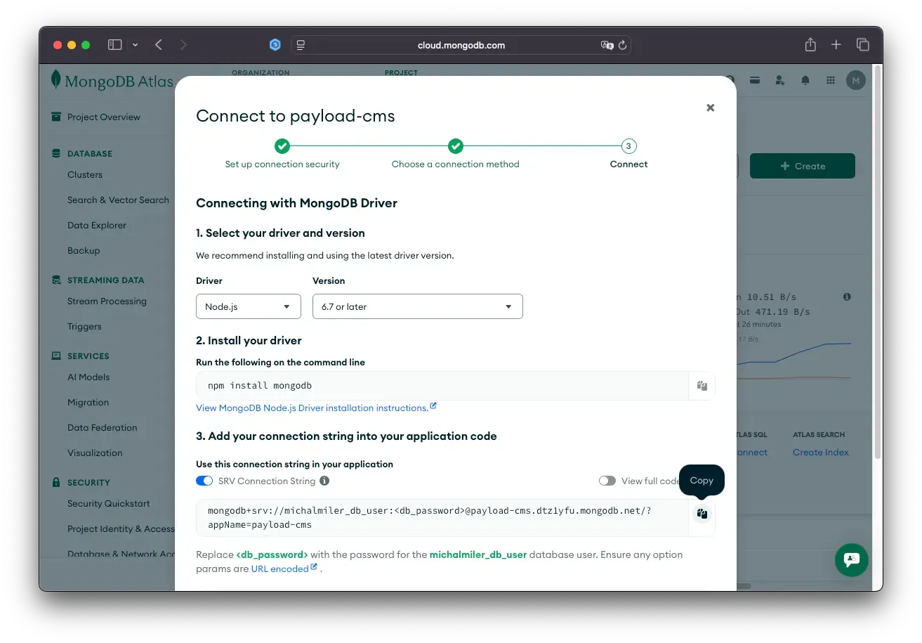 Screenshot demonstrating MongoDB connection