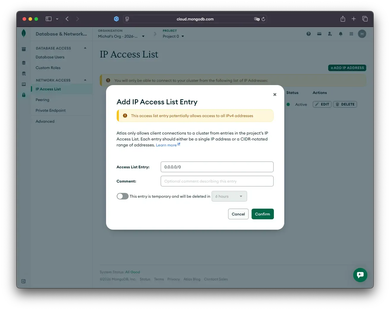 Screenshot demonstrating MongoDB network access configuration