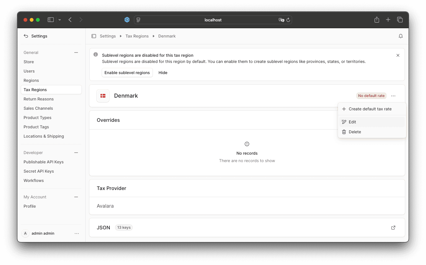 Medusa Admin Panel - Tax Regions