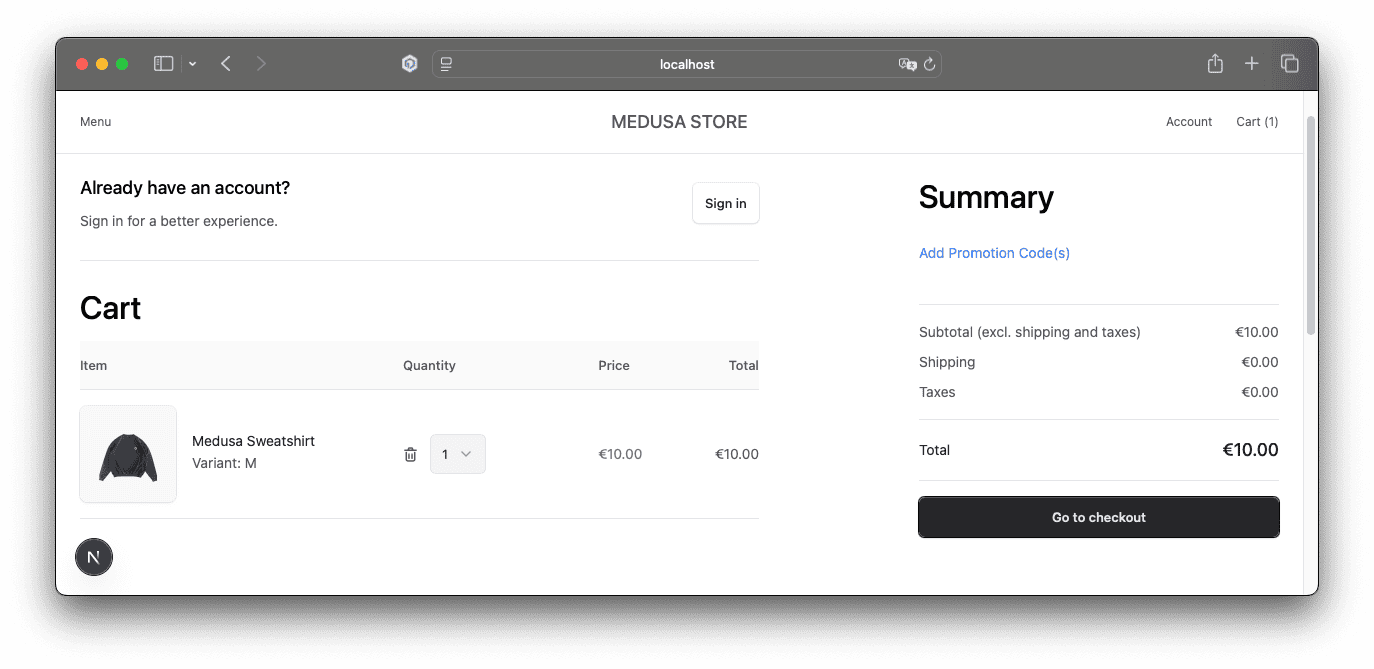 Medusa Store - Cart Page