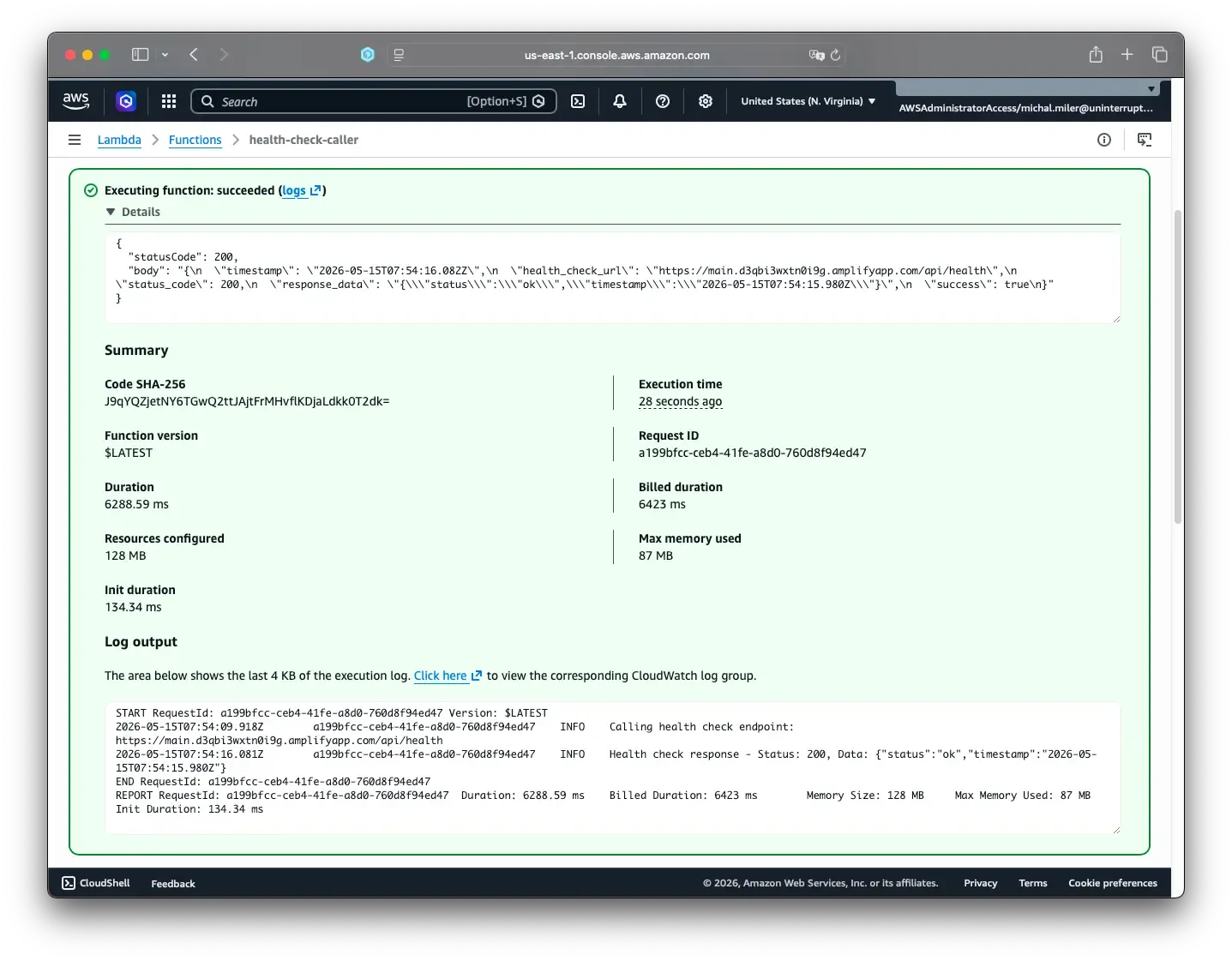 Screenshot demonstrating lambda test result