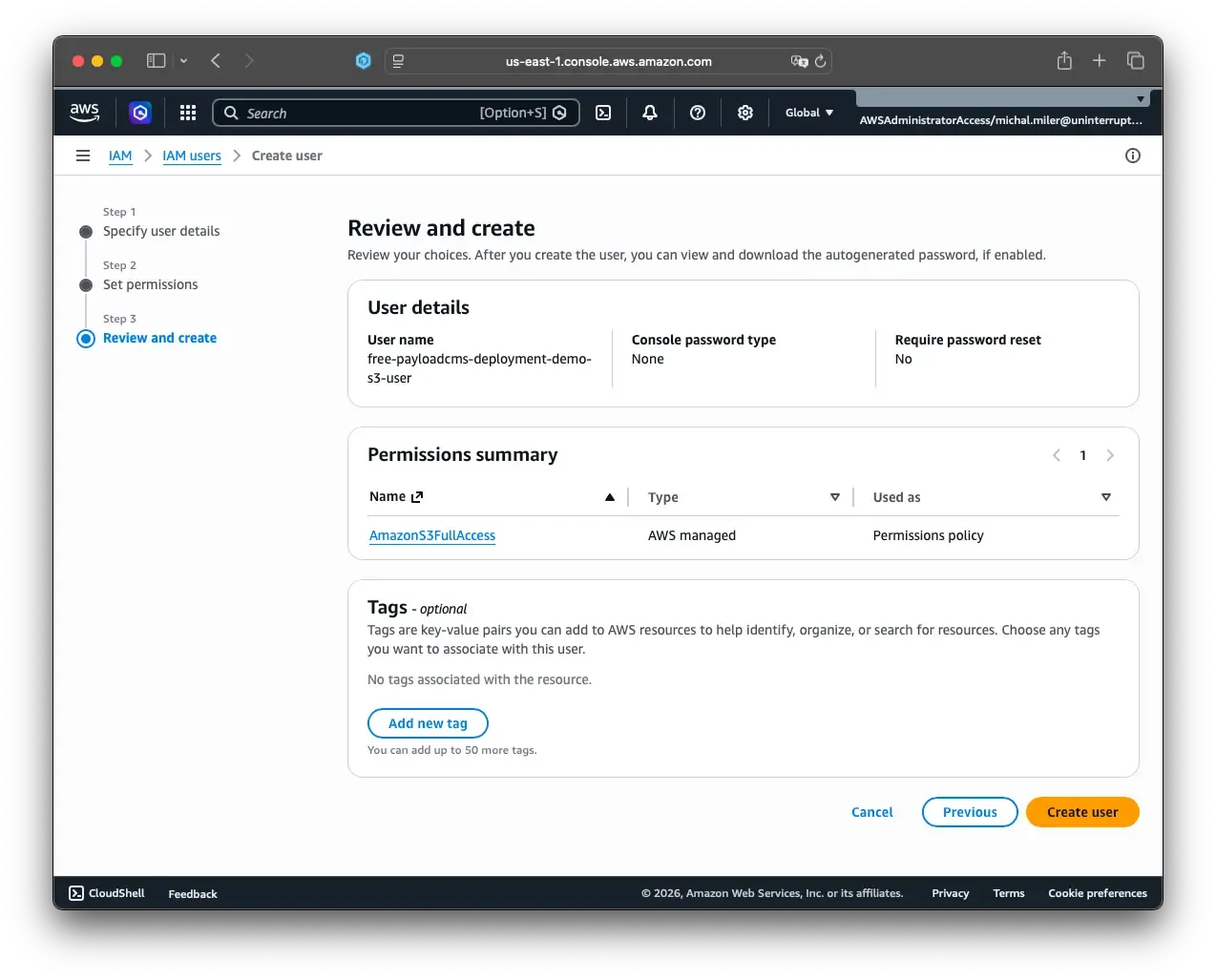 Screenshot demonstrating AWS IAM user configuration