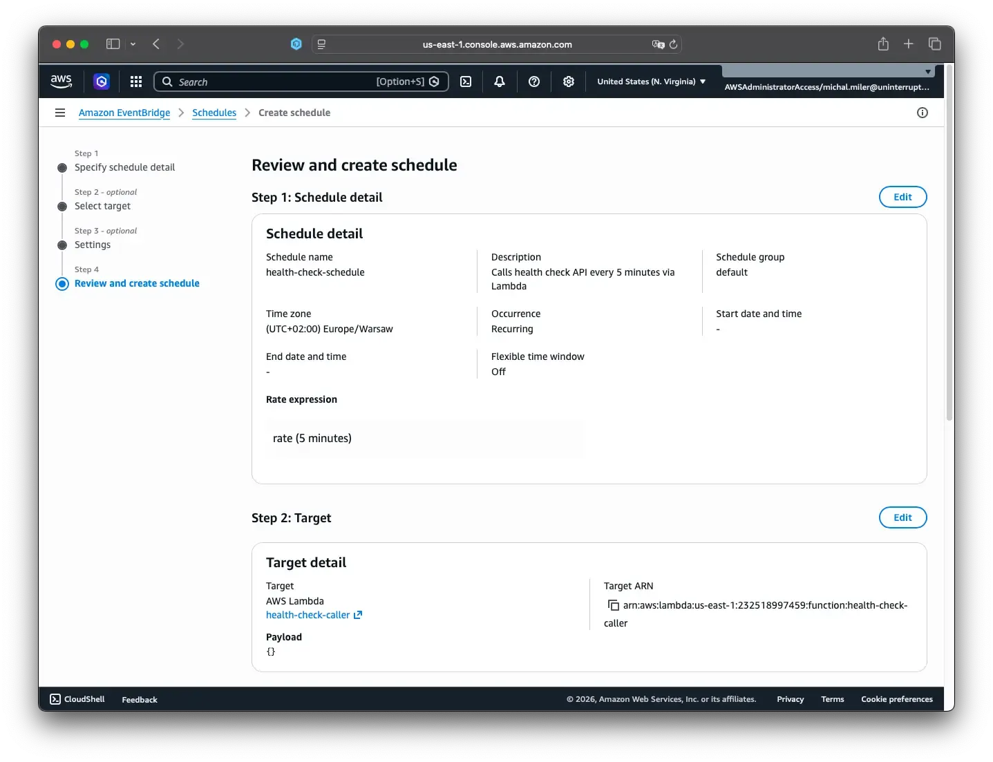 Screenshot demonstrating schedule config