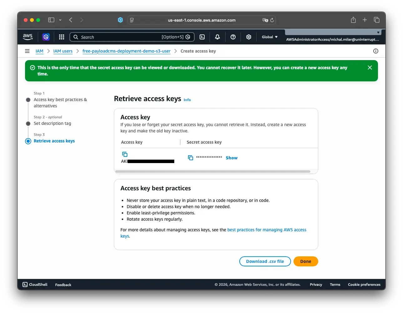 Screenshot demonstrating AWS IAM keys creation