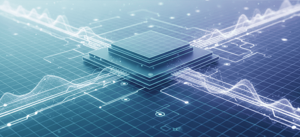 An abstract, widescreen digital artwork representing e-commerce testing and scalability. The image features a futuristic landscape of interconnected glowing grids, circuit-like pathways, and dynamic waveforms.