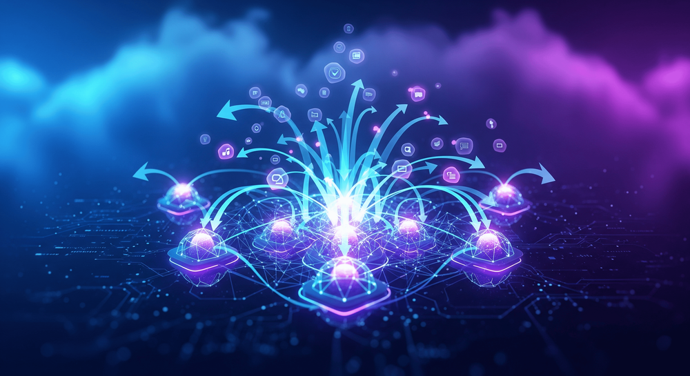 Illustration showing abstract microservices dynamically scaling across Kubernetes pods in a cloud environment.