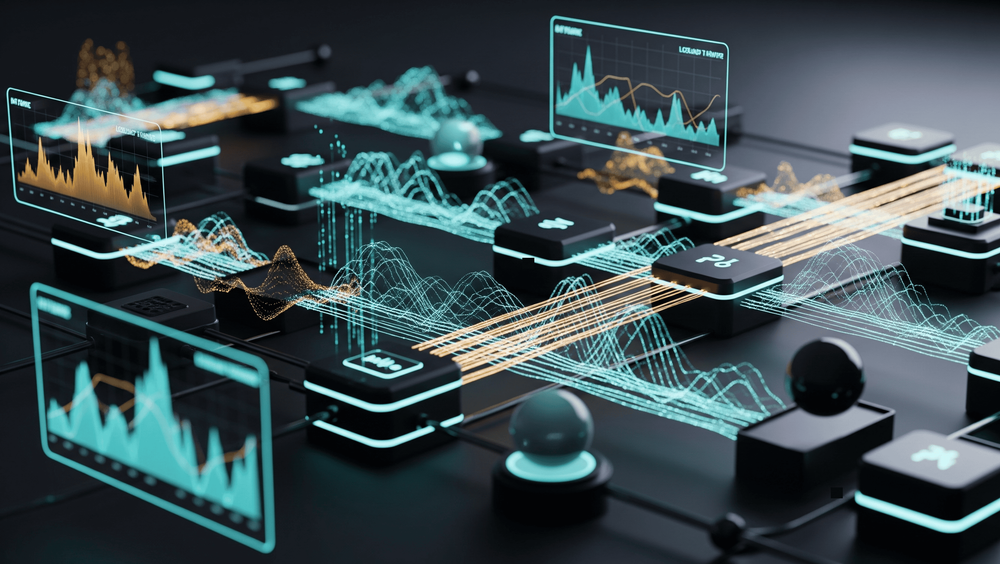 Futuristic e-commerce checkout flow visualized as a high-performance pipeline under load testing