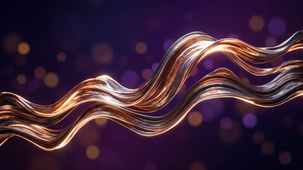 Flowing ribbon-like shapes in purple and violet with metallic highlights and soft bokeh.