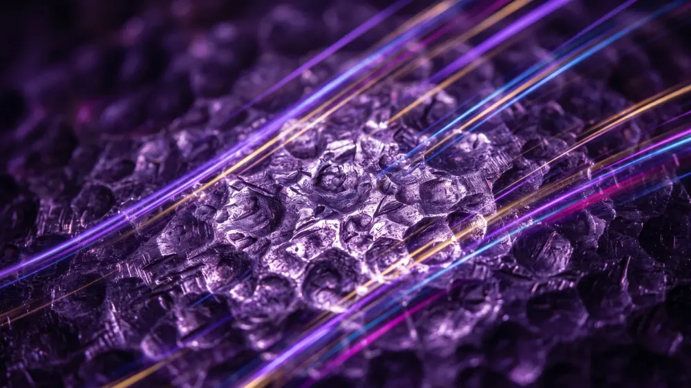 Close-up brushed-metal texture with purple-tinted reflections and soft highlights