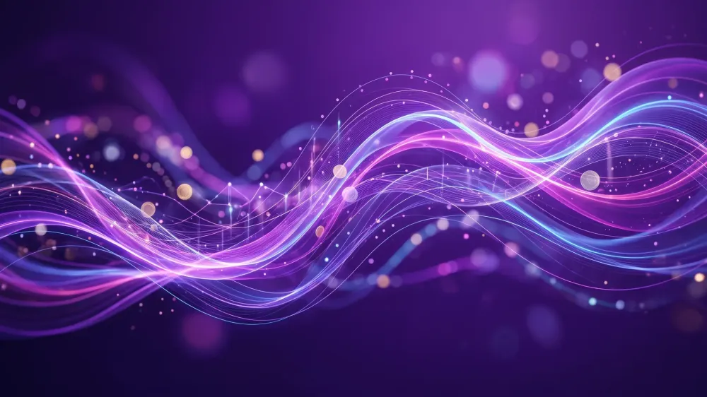 A purple-gradient banner with flowing luminous waves, translucent coin-like circles, and overlaid realtime chart lines.