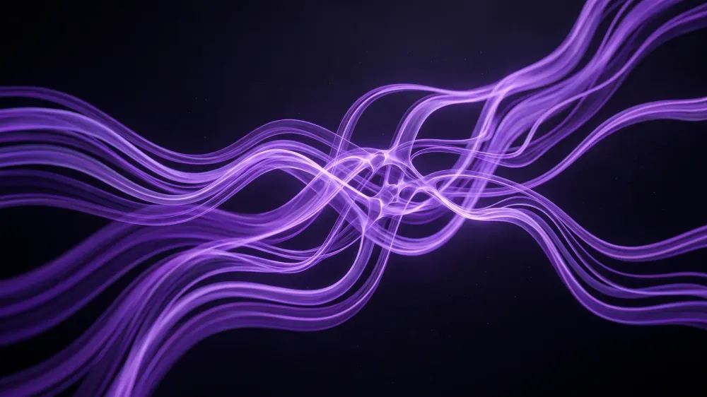 Abstract purple ribbons of light flowing across a dark background representing data streams.